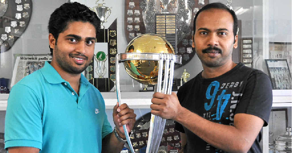Tinu Sebastian and Sabinesh Devakumar check out the ICC Cricket World Cup trophy. Tinu Sebastian and Sabinesh Devakumar check out the ICC Cricket World Cup trophy.